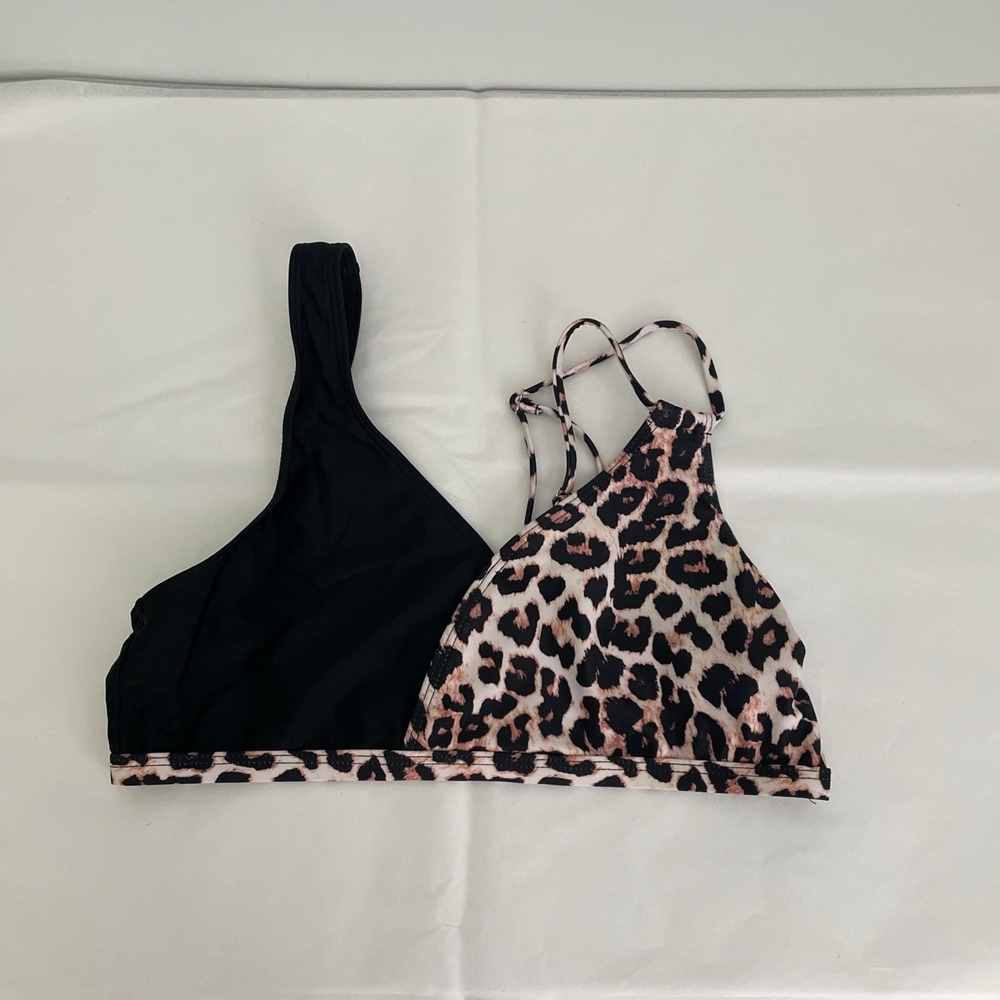 Shein Women Asymmetrical Leopard Print Bikini Top Black Mixed Strap Size M